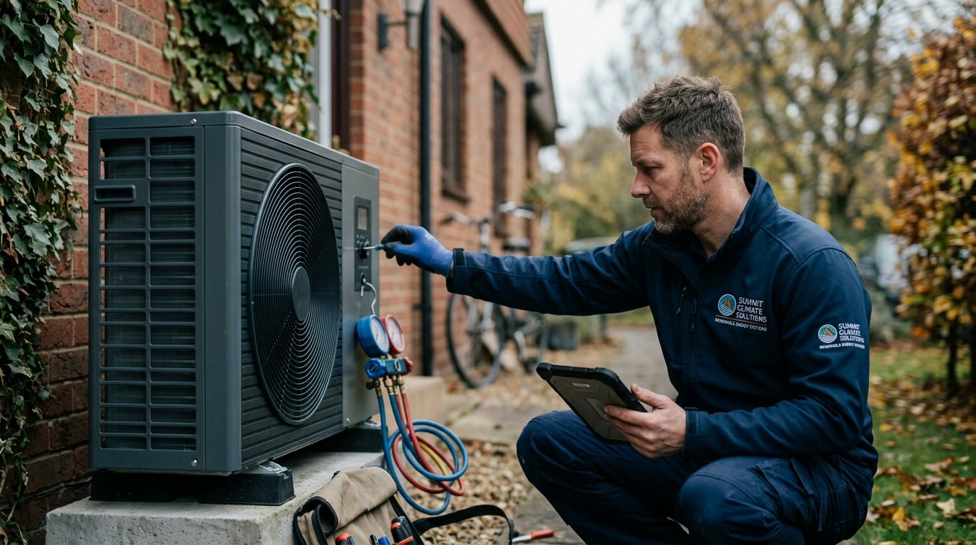 Professional heat pump engineer commissioning a unit