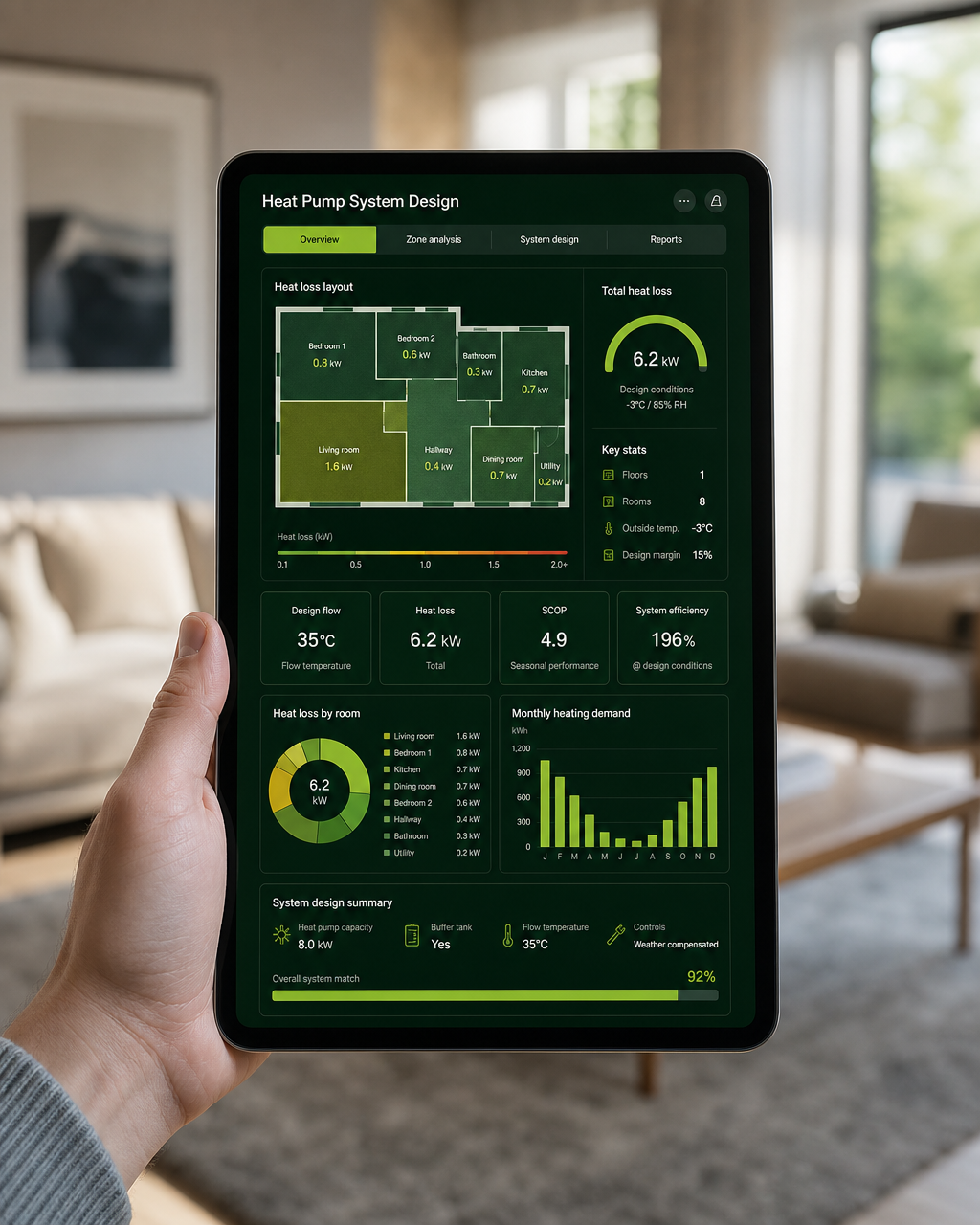 A Greenmotion heat pump system design and room-by-room heat-loss dashboard shown on a tablet